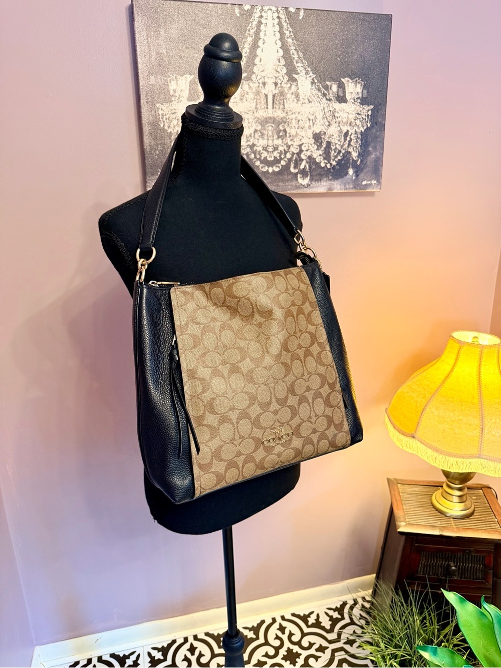 Coach Brown Signature Canvas Marlon Hobo Shoulder Bag with Black Leather Trim